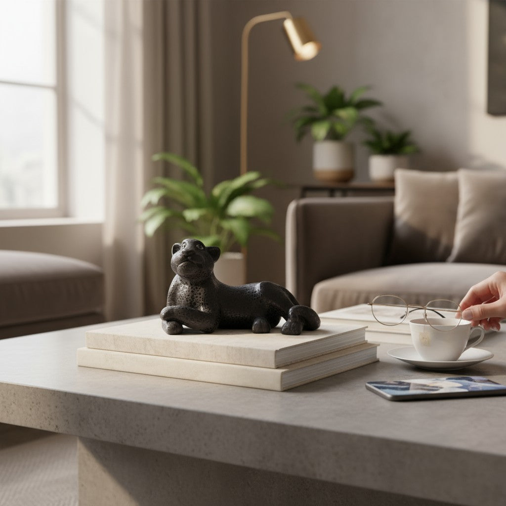 Hand-painted black jaguar pottery sculpture on modern coffee table with natural light