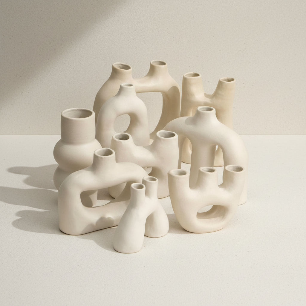 Group of handmade sculptural ceramic vases from Guadalajara, featuring organic minimal forms in matte white clay.