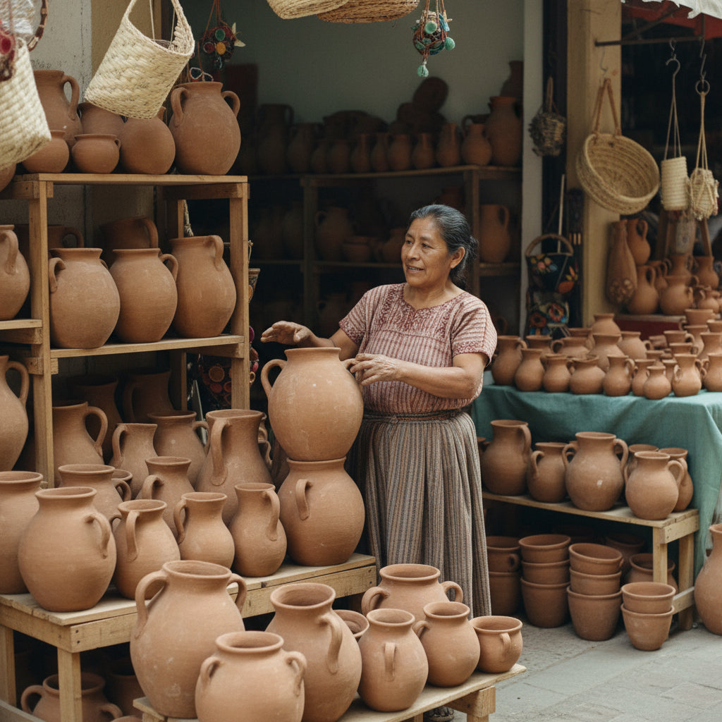 Mexican artisan arranging handmade terracotta pottery at Mercado de Tonalá in Guadalajara