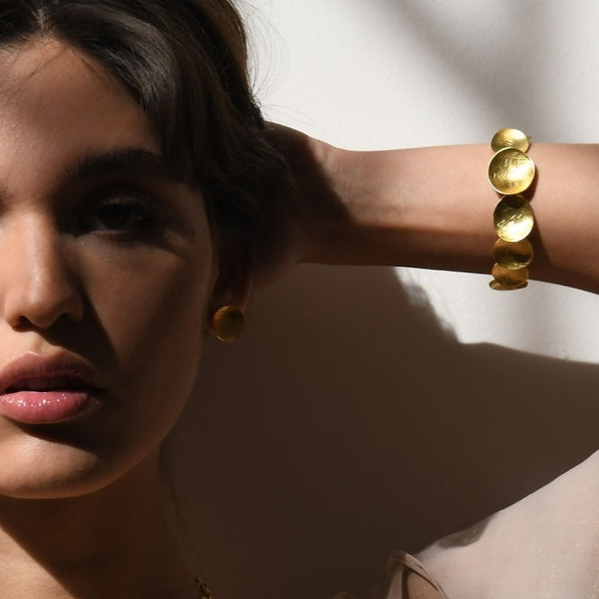 Kylix hammered disc cuff in gold or silver plated bronze, handcrafted Mexican jewelry