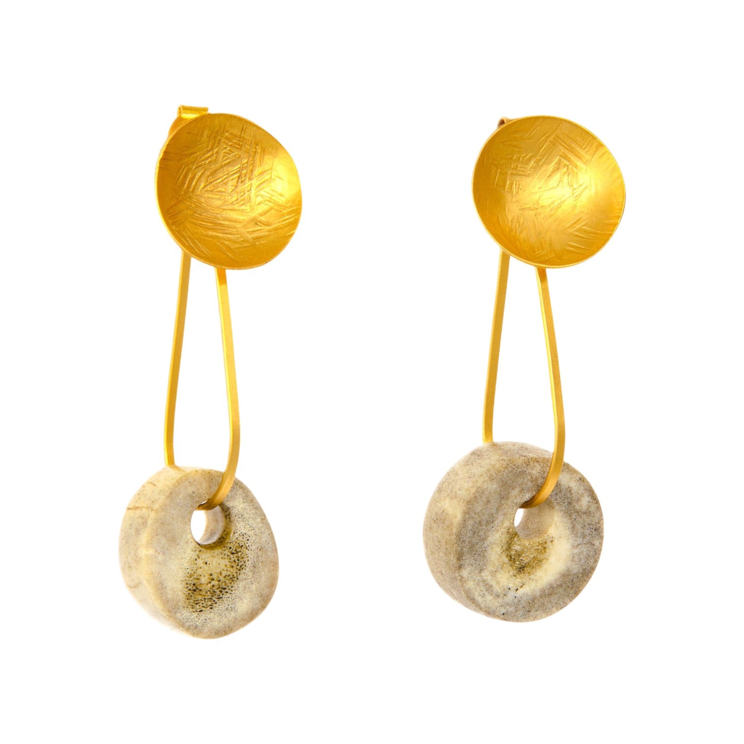 Handcrafted deer horn drop earrings with gold or silver plating, sculptural artisan design