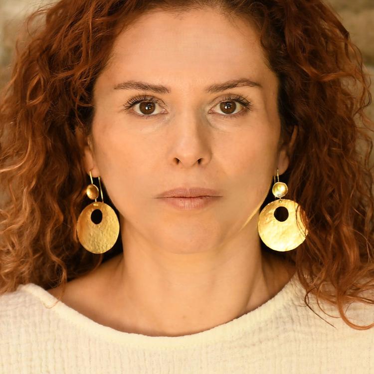 Handcrafted Eclipse hammered circle earrings in bronze with 24k gold or silver plating, lightweight artisan dangle earrings