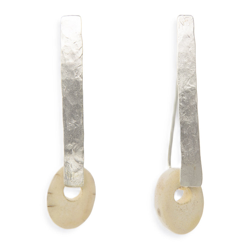 Handcrafted deer horn drop earrings with long rectangular bronze design plated in gold or silver