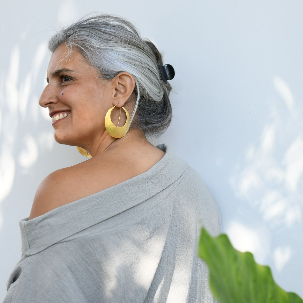 Handcrafted crescent moon hoop earrings in hammered bronze with gold or silver plating, large lightweight artisan hoops