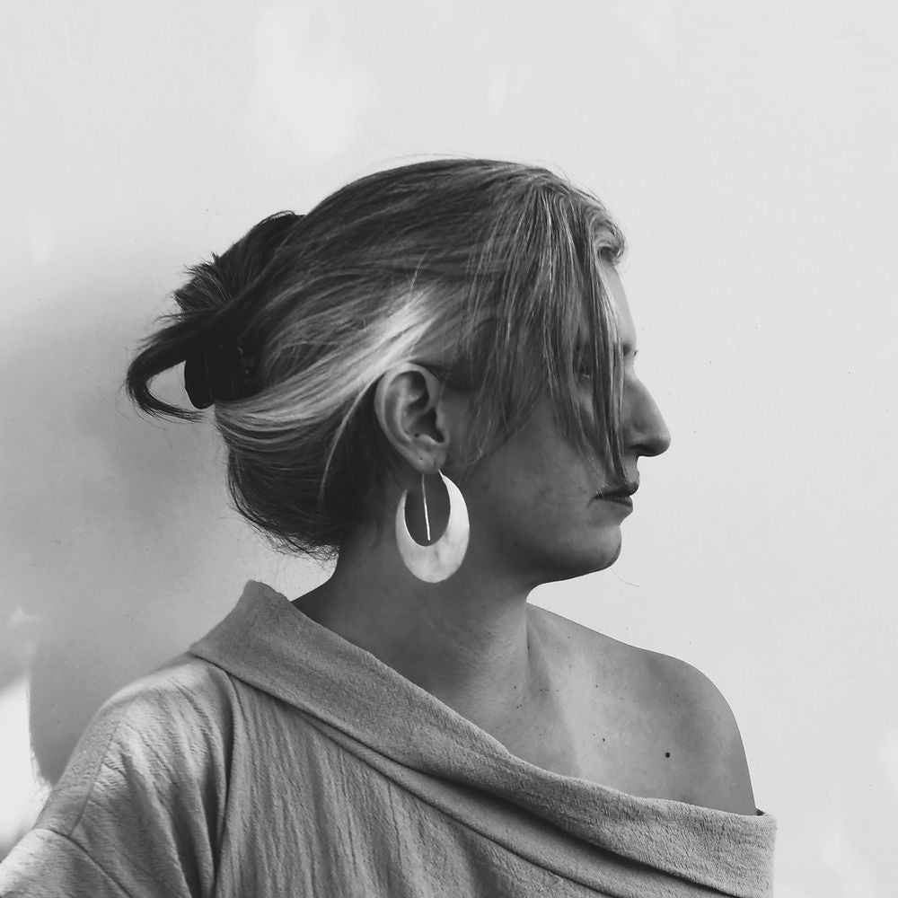 Handcrafted crescent moon hoop earrings in hammered bronze with gold or silver plating, large lightweight artisan hoops