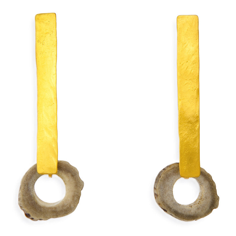 Handcrafted deer horn drop earrings with long rectangular bronze design plated in gold or silver