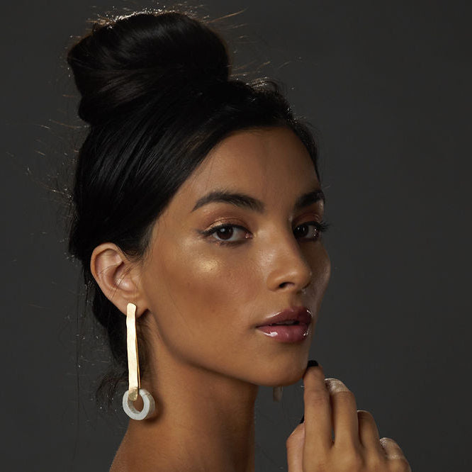 Handcrafted deer horn drop earrings with long rectangular bronze design plated in gold or silver