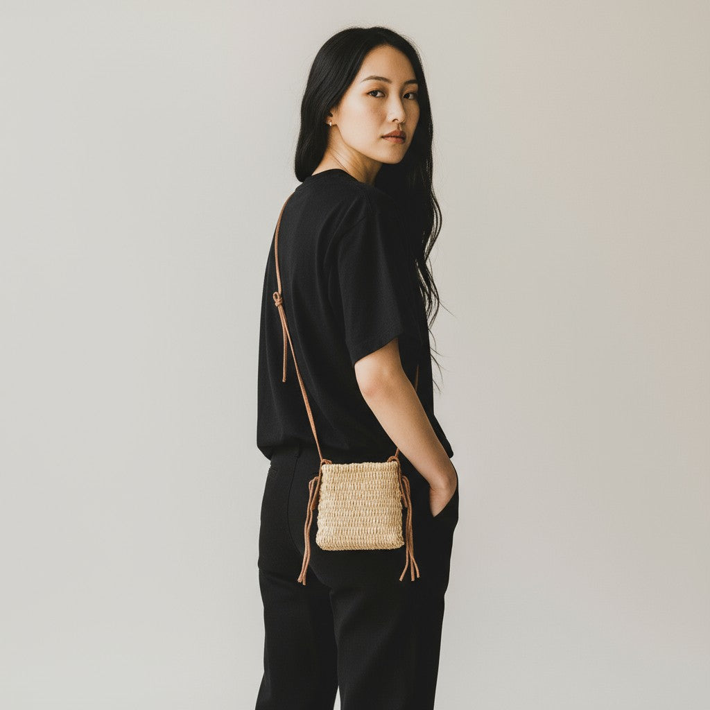 Woman shown from behind wearing a natural agave fiber crossbody bag with minimalist styling