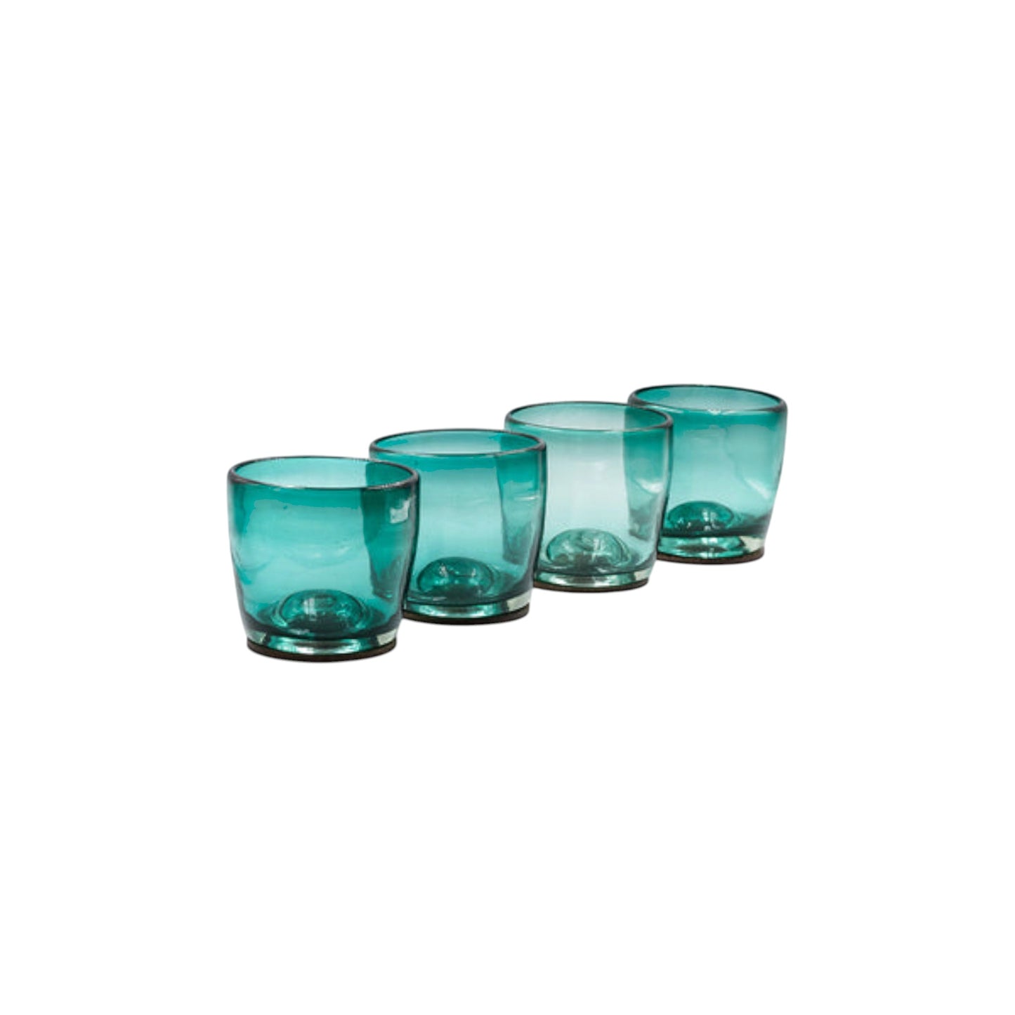 Set of five turquoise hand-blown glass tumblers on a white background.
