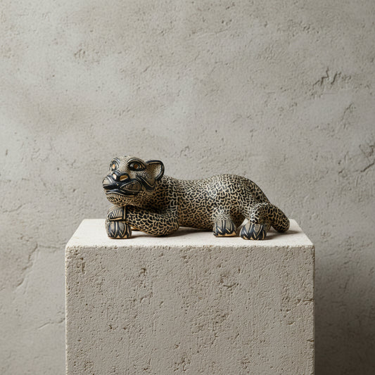 A hand-painted beige ceramic Mayan jaguar sculpture resting on a light stone pedestal against a textured neutral wall.