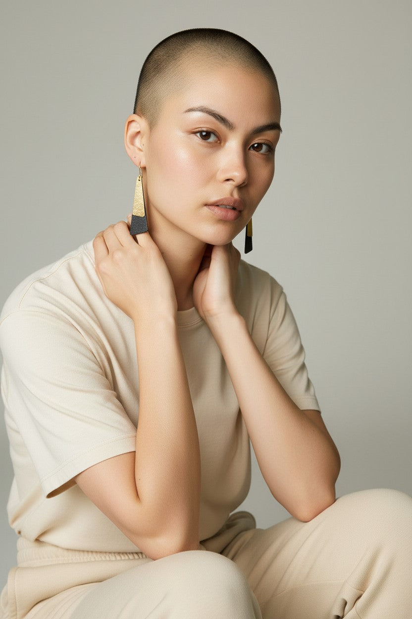 Two-tone black and gold geometric drop earrings – artisan handcrafted jewelry