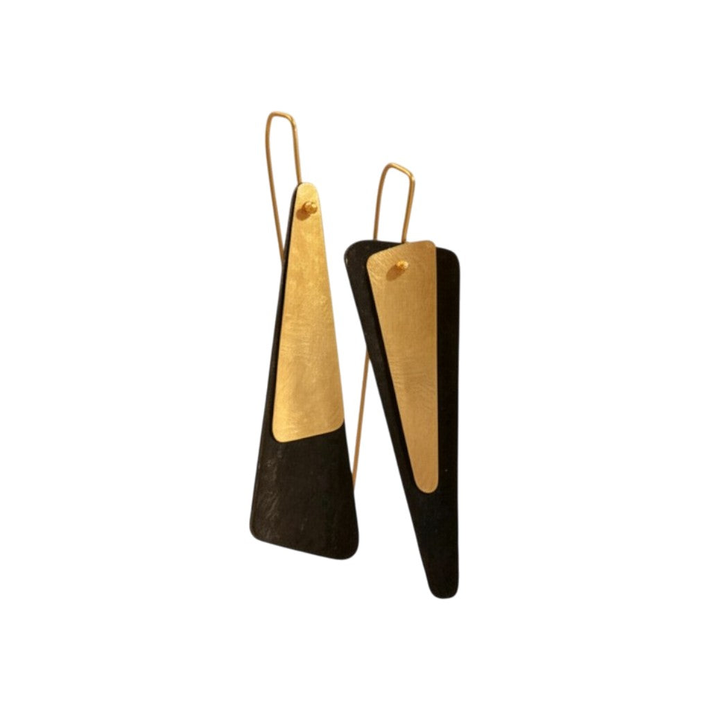 Two-tone black and gold geometric drop earrings – artisan handcrafted jewelry