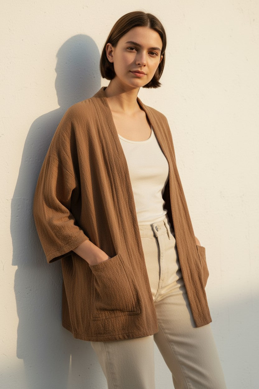 boho cotton cardigan, cotton kimono cardigan, kimono style cardigan, lightweight cotton cardigan, boho minimalist cardigan, open front cardigan, relaxed fit cardigan, wide sleeve cardigan, natural cotton cardigan, womens layering piece, womens outerwear, casual cardigan, travel layering piece, handmade in mexico, ethical fashion, small batch clothing
