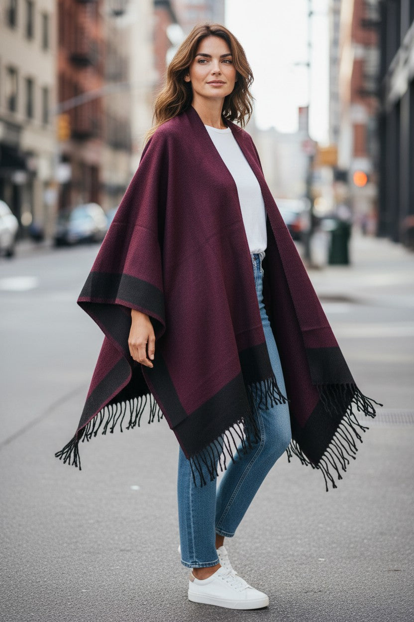 Three-quarter view of the reversible burgundy and black wool blend ruana wrap with fringe, styled casually with jeans and white sneakers.