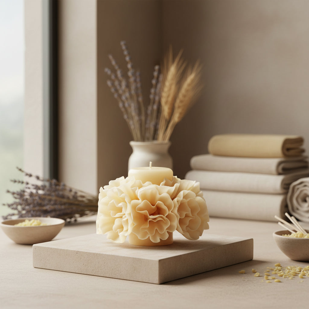 Ivory sculptural beeswax candle with floral carving on stone surface with dried botanicals