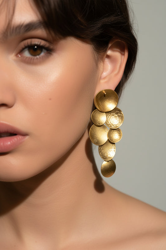 Cascade Sphere Earrings gold plated, close-up portrait showing cascading hammered sphere design