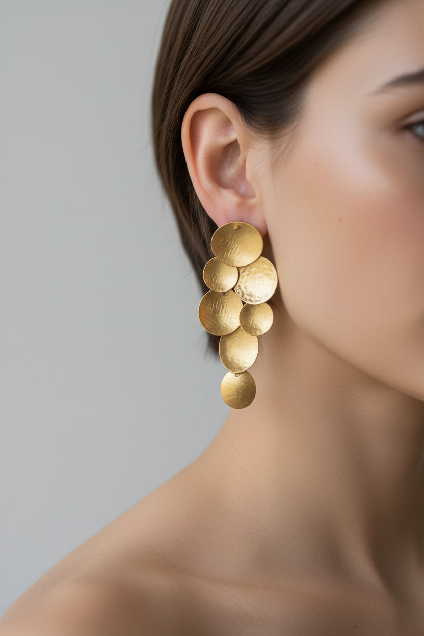 Cascade Sphere Earrings gold plated, close-up ear detail showing hammered sphere texture