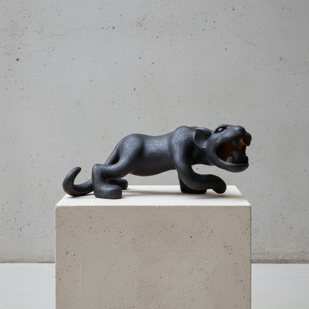 A hand-painted black ceramic reclining Mayan jaguar sculpture displayed on a light stone pedestal against a textured gray wall.