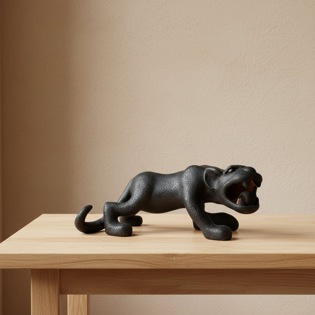 A hand-painted black ceramic reclining Mayan jaguar sculpture displayed on a light wood table against a warm beige wall.