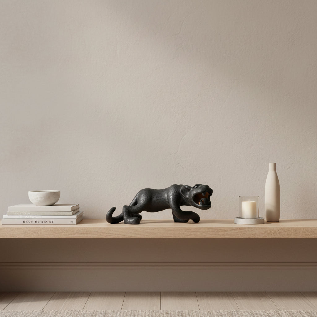 A hand-painted black ceramic reclining Mayan jaguar sculpture styled on a light wood console with decorative accents against a warm beige wall.
