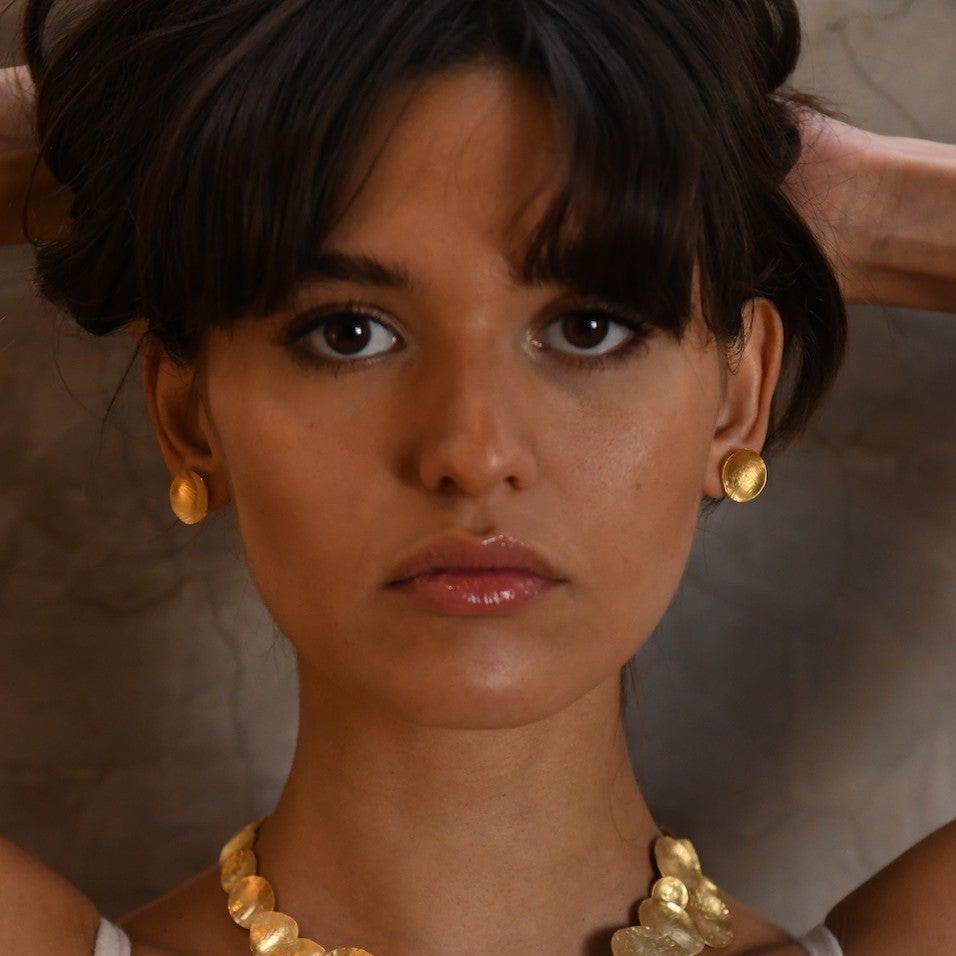 Kylix Bowl stud earrings, bronze base with 24k gold or sterling silver plating, hammered bowl design, handmade in Mexico