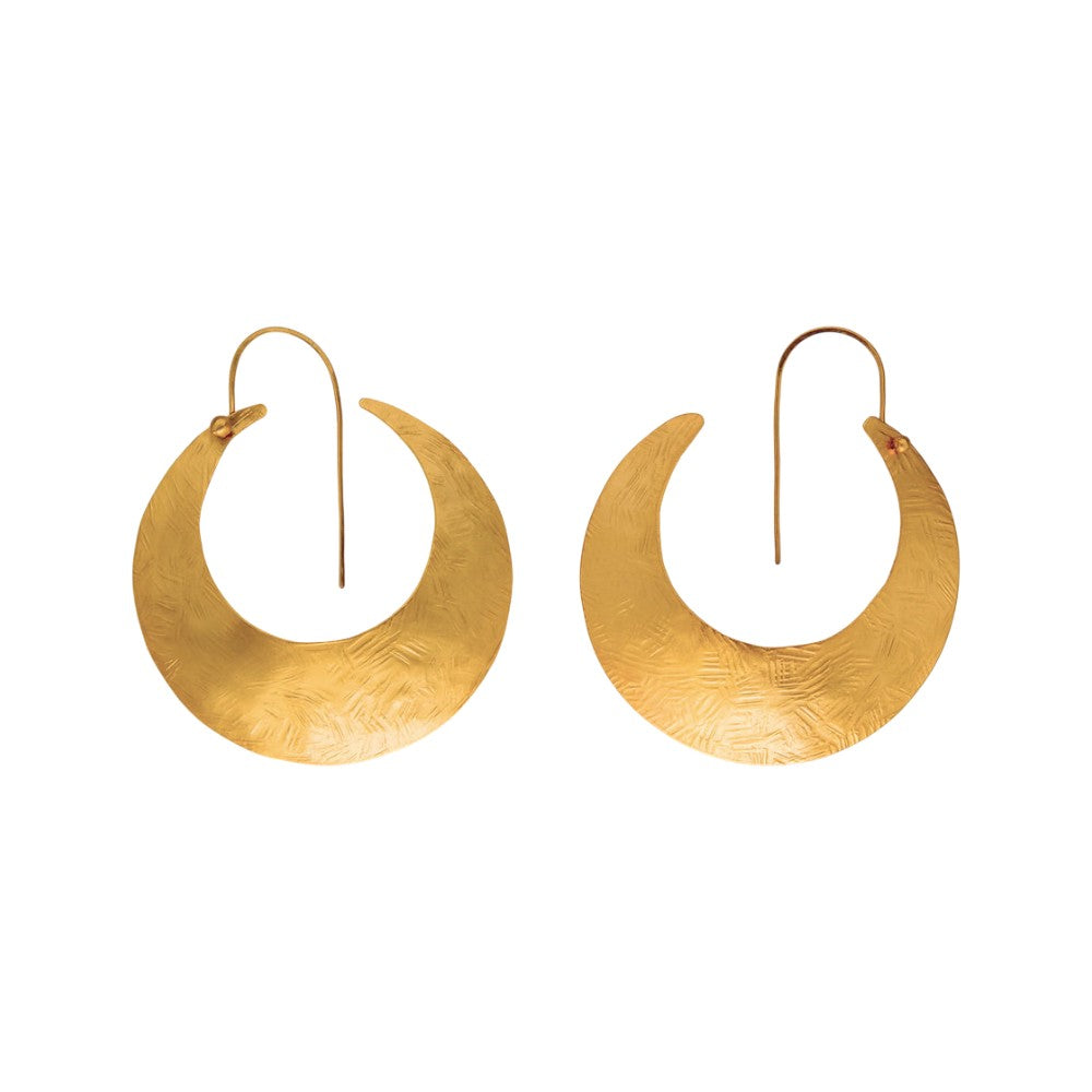 Handcrafted crescent moon hoop earrings in hammered bronze with gold or silver plating, large lightweight artisan hoops