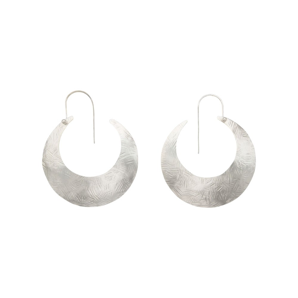 Handcrafted crescent moon hoop earrings in hammered bronze with gold or silver plating, large lightweight artisan hoops