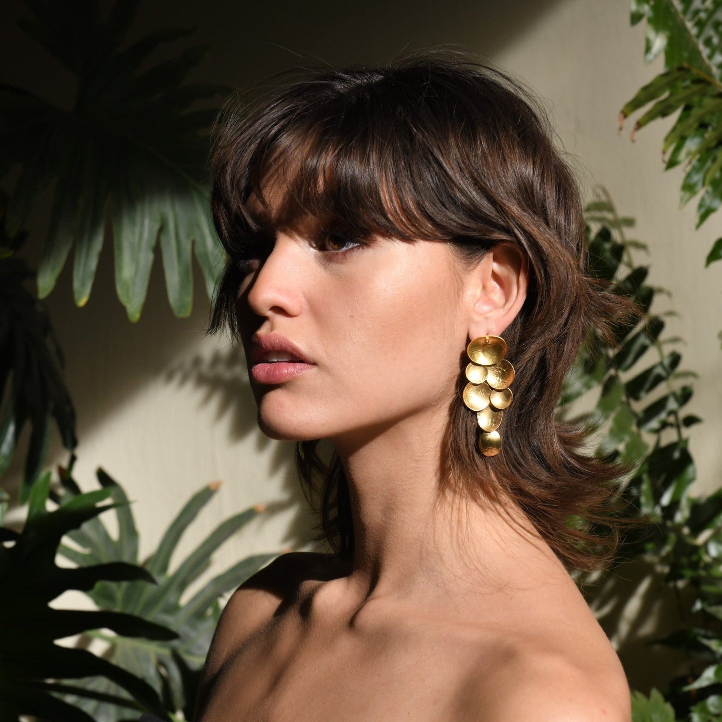 Pyxis Cascading hammered earrings, bronze with gold or silver plating, handmade in Mexico, sculptural cascading design