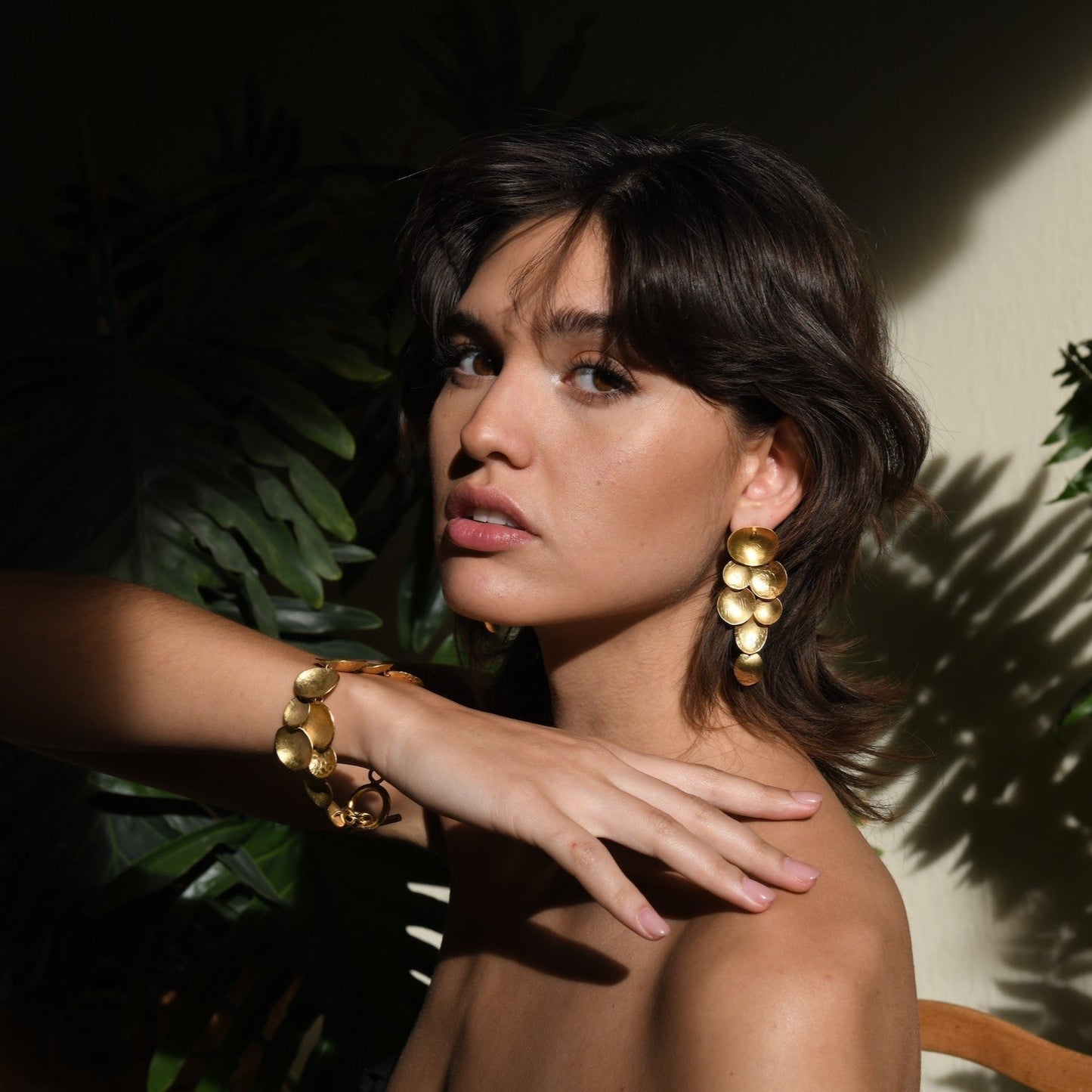 Pyxis Cascading hammered earrings, bronze with gold or silver plating, handmade in Mexico, sculptural cascading design