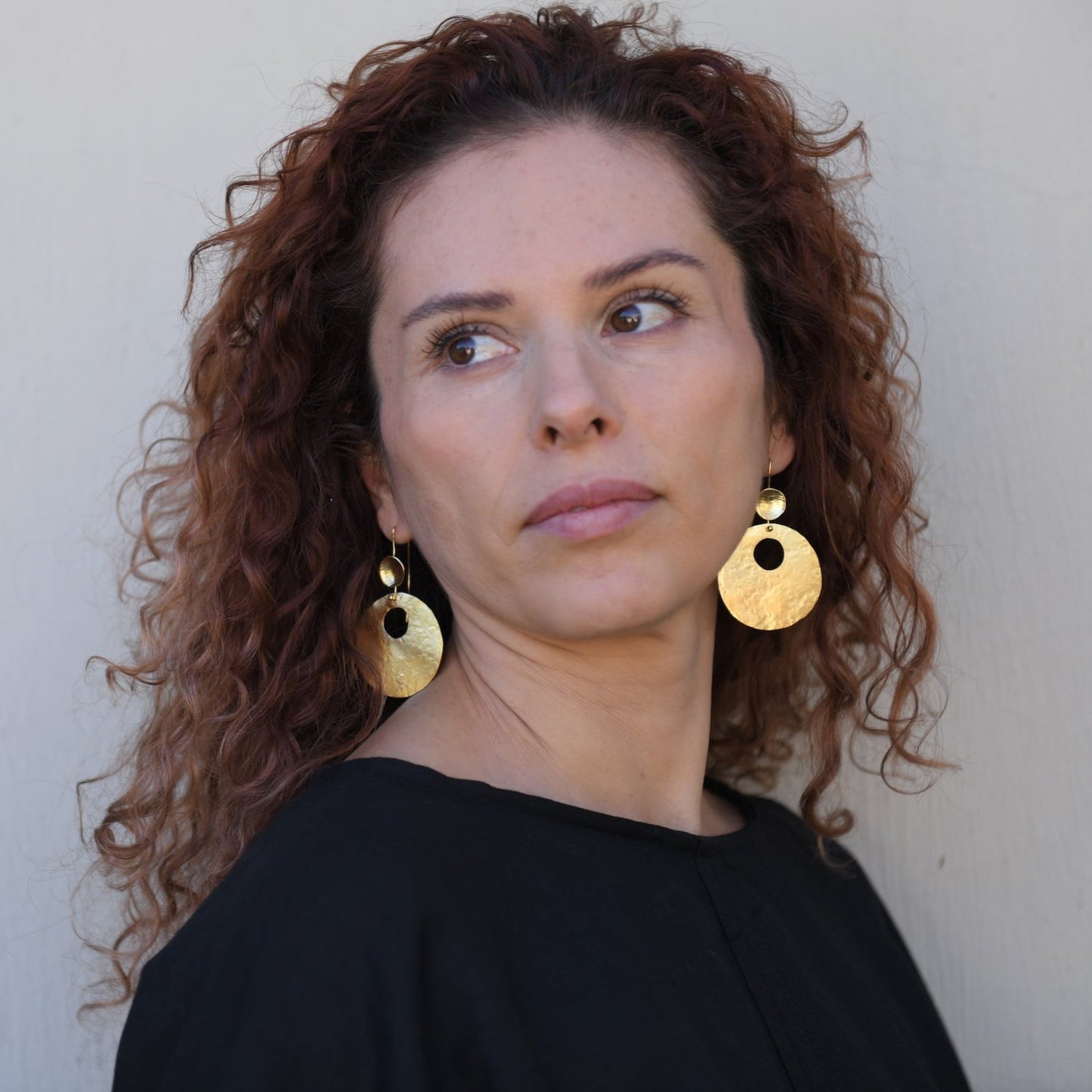 Handcrafted Eclipse hammered circle earrings in bronze with 24k gold or silver plating, lightweight artisan dangle earrings