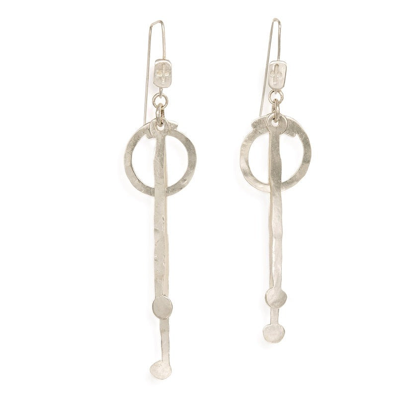 Long hammered dangle earrings with circle and bar design, handcrafted bronze base with gold or silver plating, lightweight artisan jewelry.