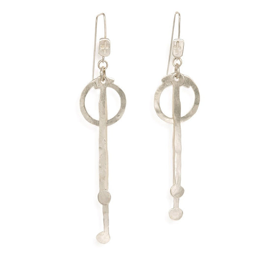 Long hammered dangle earrings with circle and bar design, handcrafted bronze base with gold or silver plating, lightweight artisan jewelry.