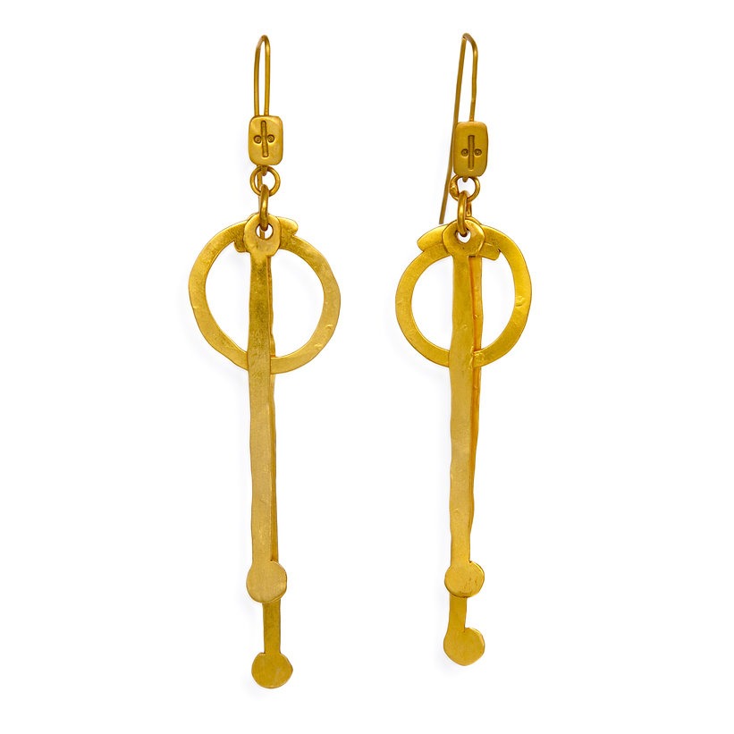 Long hammered dangle earrings with circle and bar design, handcrafted bronze base with gold or silver plating, lightweight artisan jewelry.