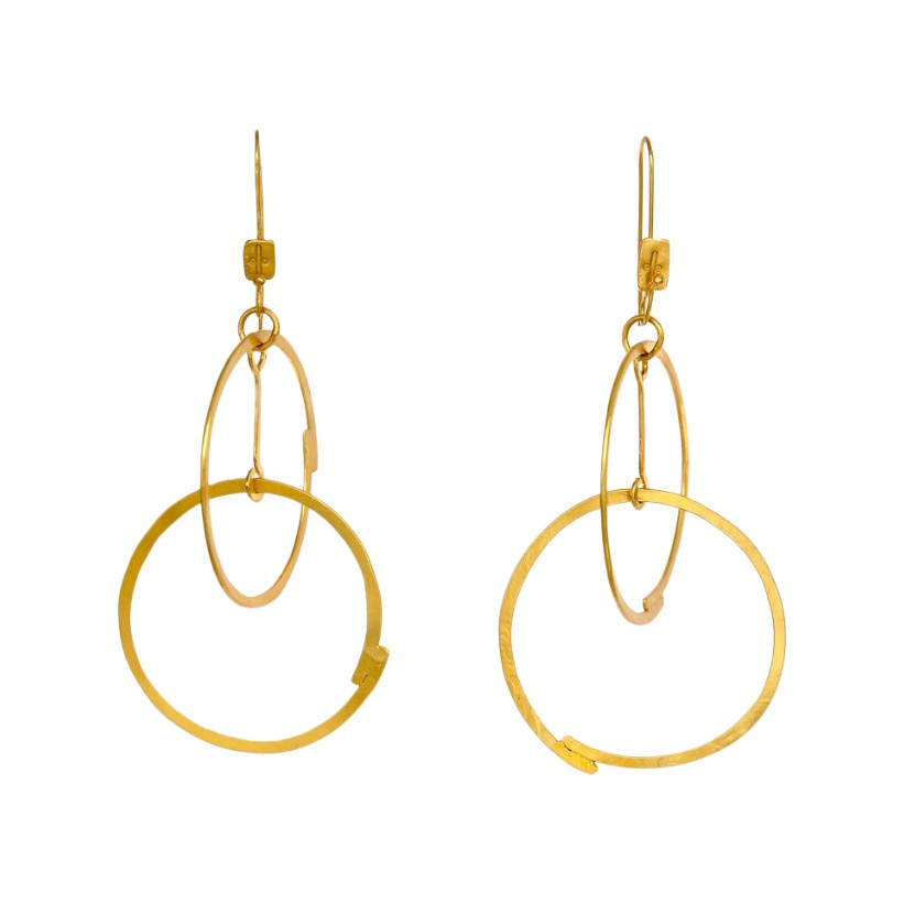 Double Hoop earrings in gold or silver finish, bronze base with hammered double hoop design, handmade in Mexico