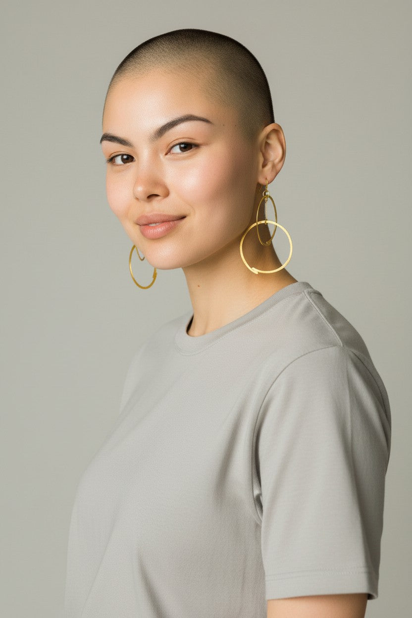 Double Hoop earrings in gold or silver finish, bronze base with hammered double hoop design, handmade in Mexico