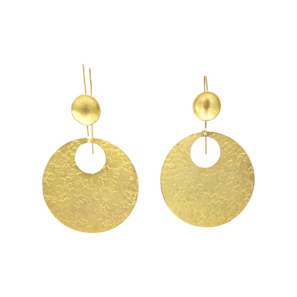 Handcrafted Eclipse hammered circle earrings in bronze with 24k gold or silver plating, lightweight artisan dangle earrings