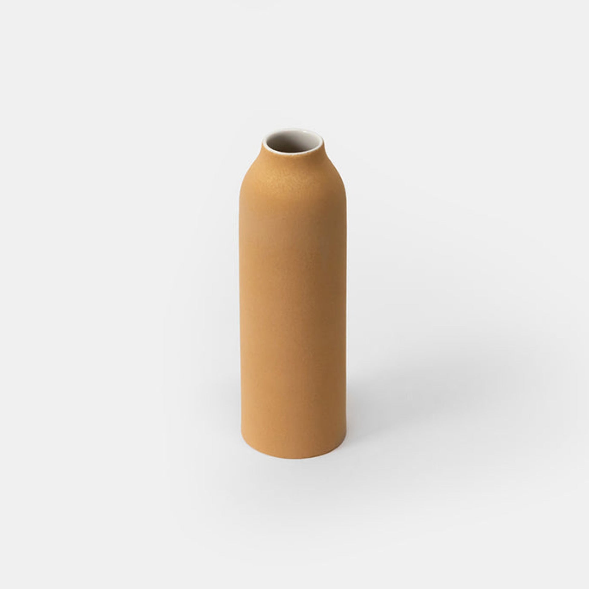Handcrafted tall terracotta vase with smooth matte finish on a white backdrop.