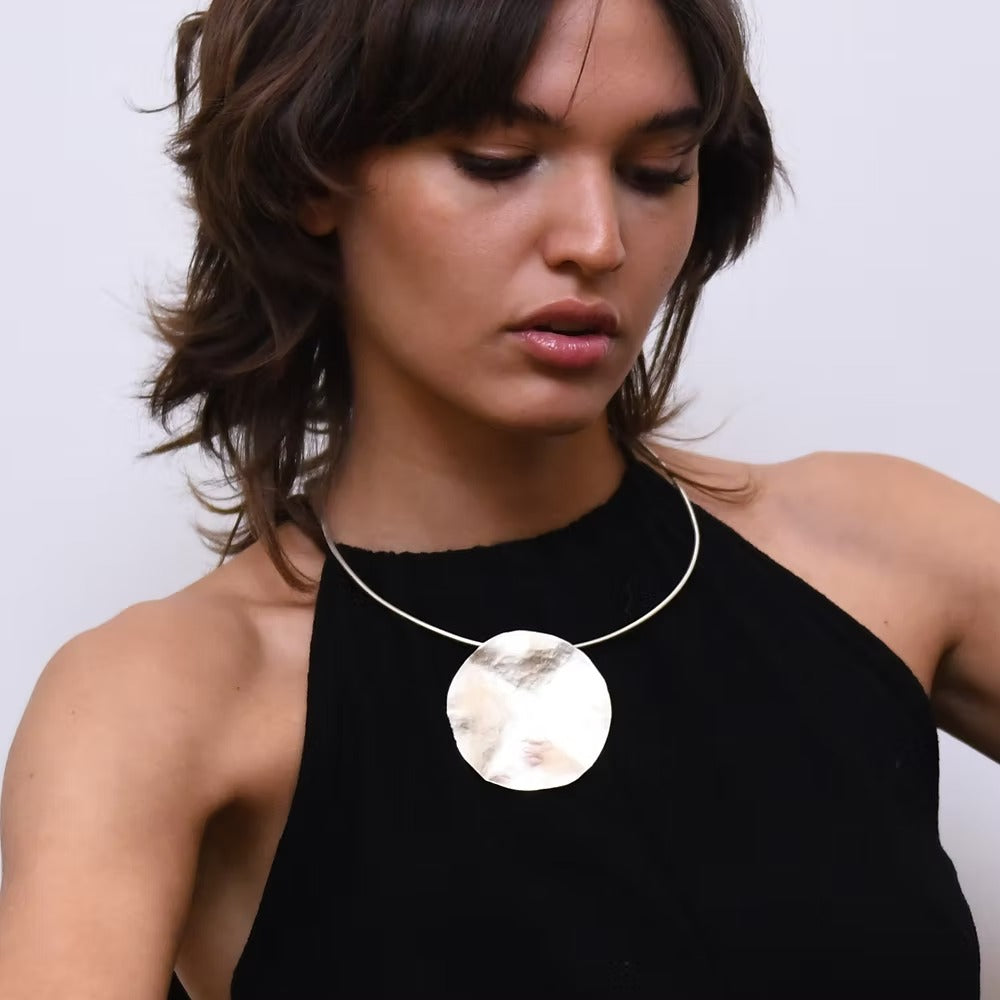 Full Moon Necklace Hammered Circle Pendant