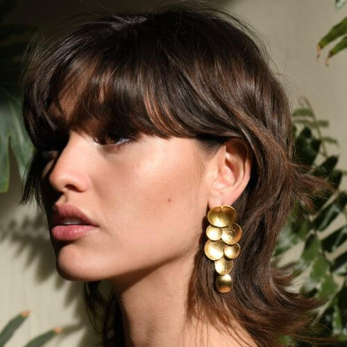 Pyxis Cascading hammered earrings, bronze with gold or silver plating, handmade in Mexico, sculptural cascading design