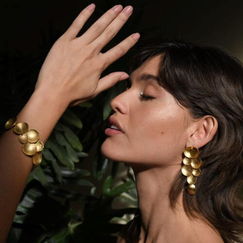 Pyxis Cascading hammered earrings, bronze with gold or silver plating, handmade in Mexico, sculptural cascading design