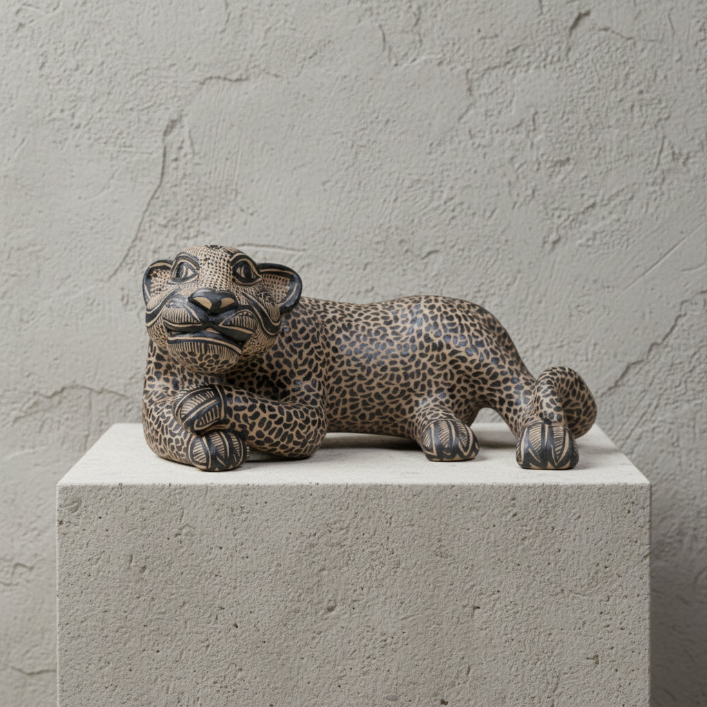 A hand-painted gold ceramic Mayan jaguar sculpture reclining on a light stone pedestal against a textured neutral wall.