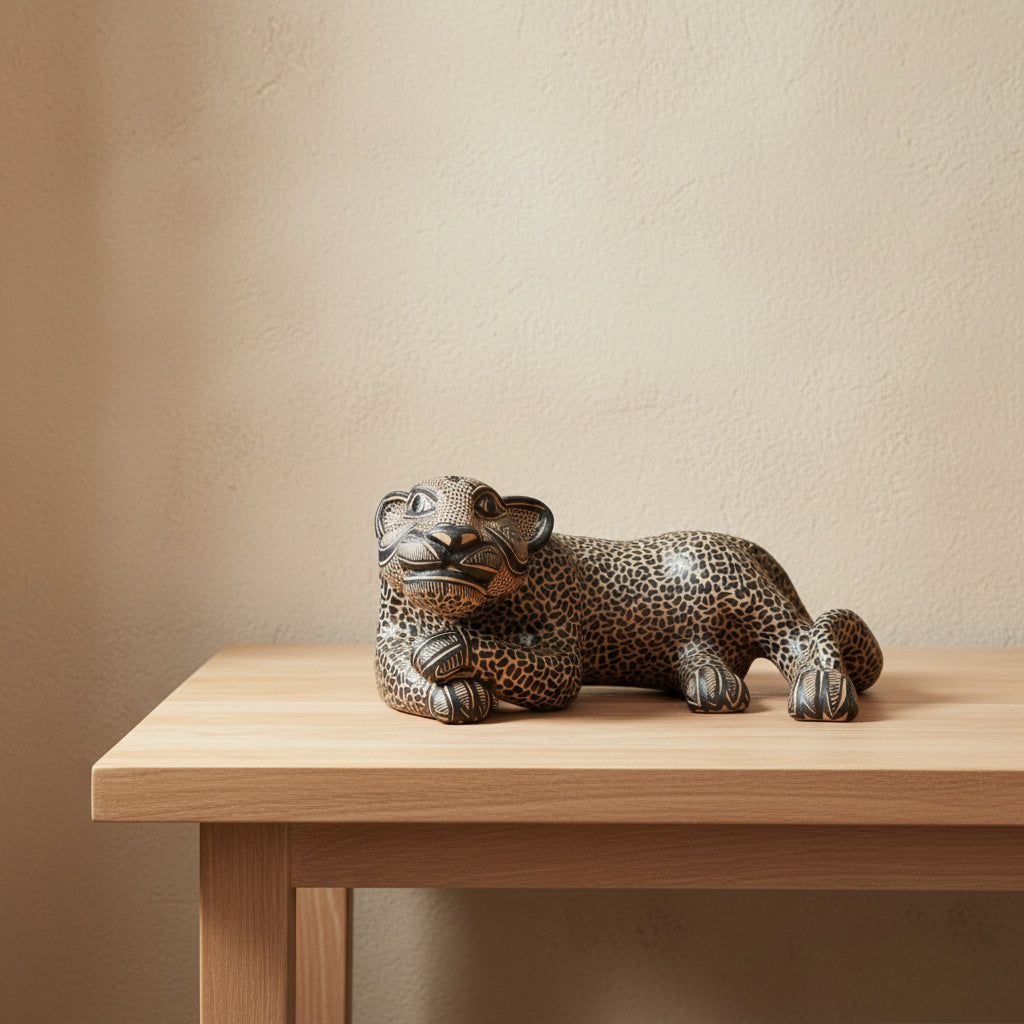 A hand-painted gold ceramic Mayan jaguar sculpture displayed on a light wood table against a warm beige wall.