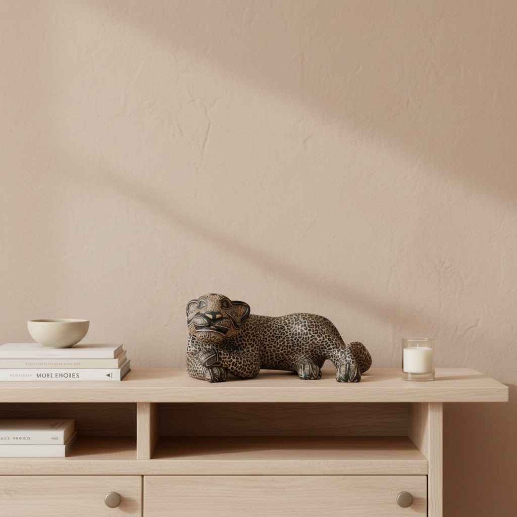 A hand-painted gold ceramic Mayan jaguar sculpture styled on a light wood console with stacked books, a ceramic bowl, and a candle against a warm beige wall.