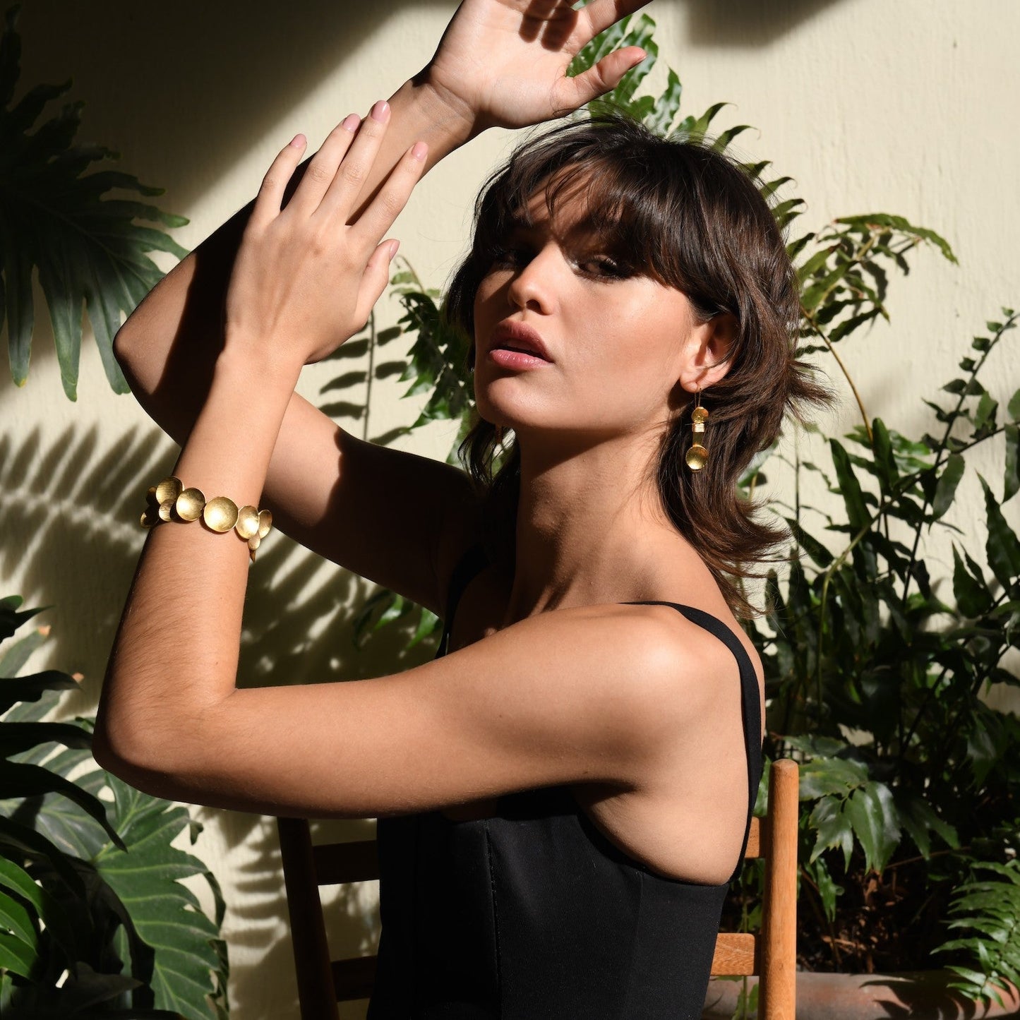 Handcrafted disc bracelet in gold or silver plated bronze, hammered satin finish, artisan Mexican design