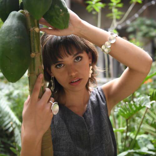 Handcrafted disc bracelet in gold or silver plated bronze, hammered satin finish, artisan Mexican design