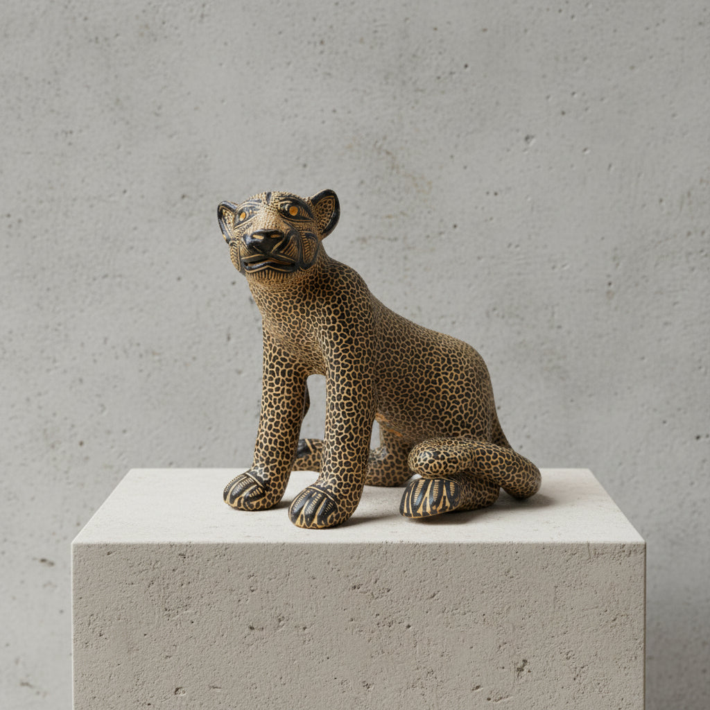 A hand-painted gold and black ceramic sitting Mayan jaguar sculpture displayed on a light stone pedestal against a textured gray wall.