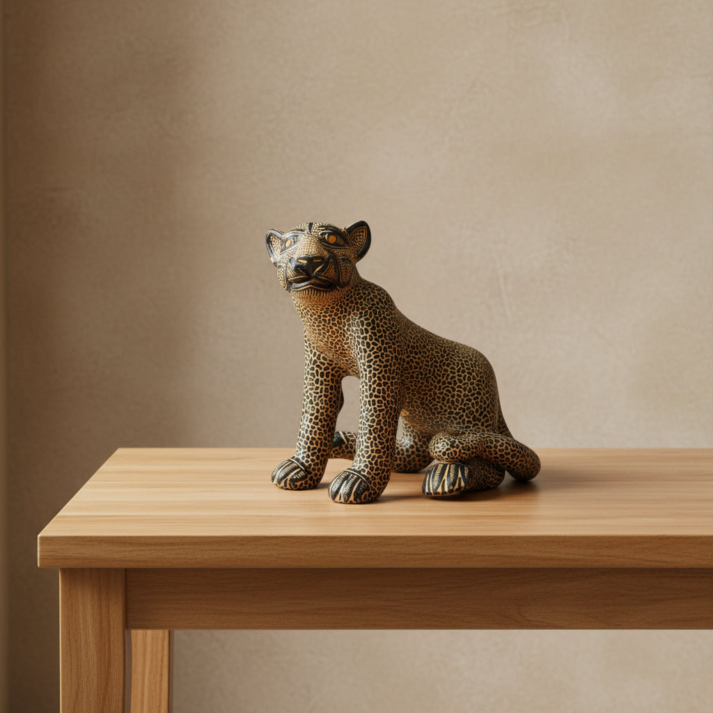 A hand-painted gold and black ceramic sitting Mayan jaguar sculpture displayed on a light wood table against a warm beige wall.