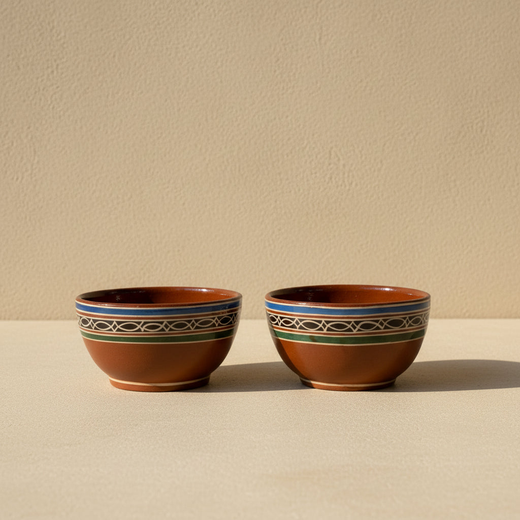 Mexican folk art ceramic bowls from Tonalá made with barro petatillo and filigrana technique