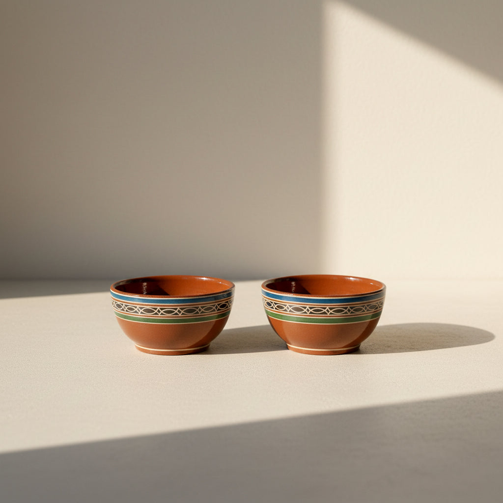 Hand-painted Tonalá petatillo ceramic bowls set of 2 with fish motif on neutral background
