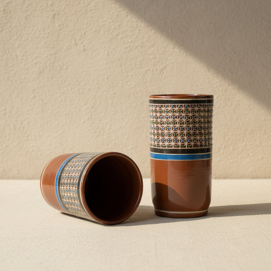 Hand-painted Tonalá petatillo ceramic tumbler lying on its side